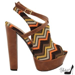 C Label Shoes - Joy Orange & Brown Chevron Peep Toe 70s Heels C Label Shoes - Joy Orange & Brown Chevron Peep Toe 70s Heels